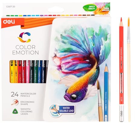 deli Aquarellstifte Set, 24 brillante Farben – Wasserlösliche Buntstifte für Erwachsene & Kinder, Künstlerbedarf zum Zeichnen & Malen, Malstifte für Aquarell-Effekte, Stifte Set mit Pinsel