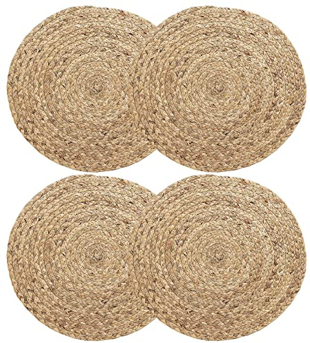 WENFOME Round Woven Placemats, 11.8inch Natural Wicker Placemats, Set of 4 Water Hyacinth Straw Braided Tablemats, Rattan Tablemats Rustic Chargers Weave Placemats for Dining Table