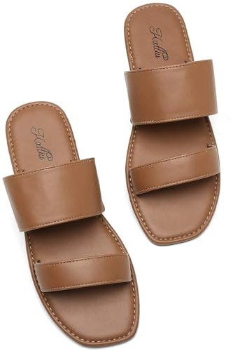 katliu Women's Flat Sandals Two Strap Slide Sandals Open Toe Brown 11