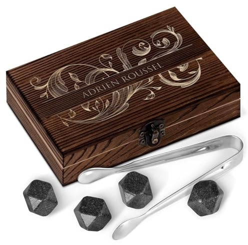 Maverton Set de Pierres à Whisky dans Une boîte personnalisée, Cadeau Homme | Cadeau d’Anniversaire pour Chaque Homme, Coffret de 6 Pierres, Boîte en Bois gravée, Lot de Pierres en Granit, Feuilles