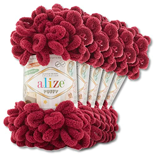 Wohnkult Alize 5 x 100 g Puffy Wolle Chenille Schlaufenwolle Häkeln und Stricken ohne Hilfsmittel Kleidung Accesoire Decken Teppiche (107 | Bordeaux)