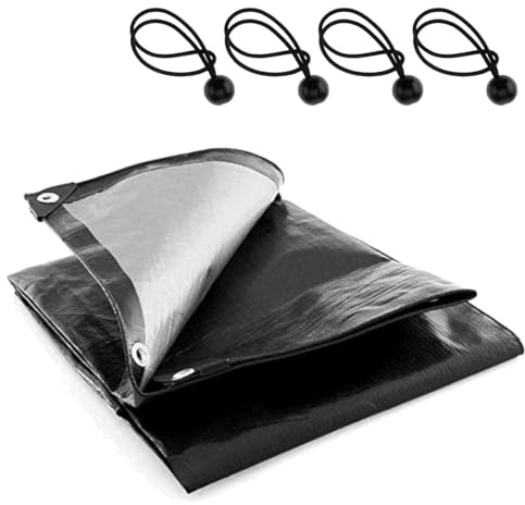 3 x 3 m Heavy-Duty Waterproof Black Tarpaulin 235 GSM with 4 Ball Bungees - Cover with Rubber-Reinforced Corners, Heat-Sealed Seams, Aluminium Grommets - Outdoor Sheet for Camping, Garden, Roof