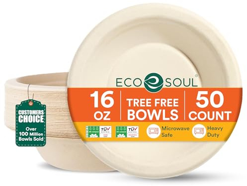 ECO SOUL 50x Papierschalen 470 ml(16oz) suppenschalen einweg pappschalen | Aus Bagasse hergestellt, 100% kompostierbar & plastikfrei, Mikrowellen & gefriergeeignet, Auslaufsicher und extra stabil