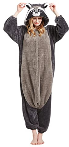 Grenouillère Unisexe Adulte Raton Laveur Gris, Pyjama Animal, Halloween Cosplay Grenouillère Homewear, Vêtements de Nuit Costume Anime