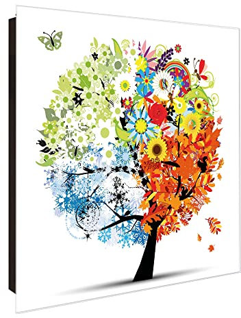 banjado Großer Schlüsselkasten Glas - Schlüsselbox 30x30cm mit 50 Haken - Schlüsselkasten modern für Schlüsselaufbewahrung mit beschreibbarer, magnetischer Glastür - Motiv Baum Blumen