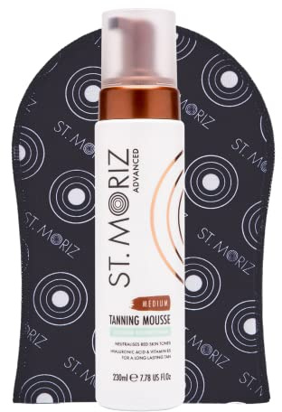 St Moriz Advanced Color Correcting Self Tanner Mousse in Medium with Tanning Mitt Bundle - Self Tanning Foam for Face & Body - With Hyaluronic Acid & Vitamin B5 (7.78 fl oz)