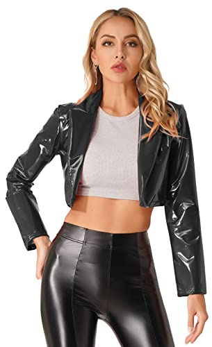 dPois Damjacka läderutseende kort kappa skuren jacka bolero lack läder bikerjacka öppen med gotisk punk klubbkläder, svart, M