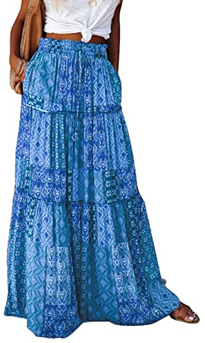 Byoauo kjol dam lång boho blommor hög elastisk midja med fickor och bälte maxi kjol veckad kjol strandkjol fritidskjol, Blå och blommor, M