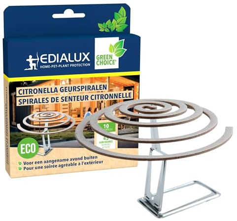 Edialux Spirales Anti-Insectes à la citronnelle, 10 pièces, avec Support, Protection écologique et Longue durée pour Jardin, extérieur, Camping, terrasse, étangs, Pique-niques et barbecues, idéales