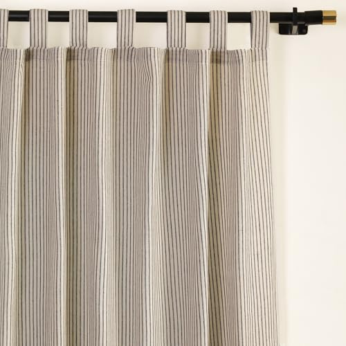 THE ART BOX Natural Linen Gauze Tab Top Semi Sheer Blackout Striped Curtains for Bedroom Light Filtering Linen Substitute Window Home Décor Curtain, Black on Beige, 2 Panel Set (63 x 42 inches Each)