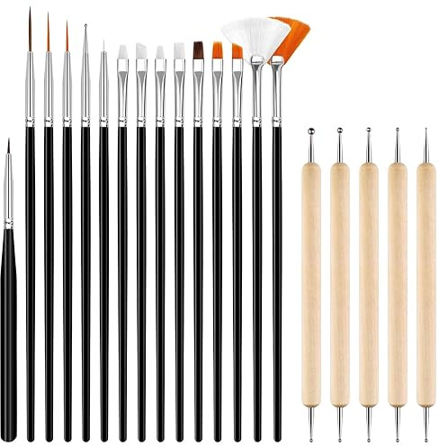 Hanyousheng 20 Pièces Pinceau Nail Art Ongles, 15 Pcs Noir Pinceaux à Ongles, 5 Pcs Nail Dotting Pen pour DIY Nail Art Designs