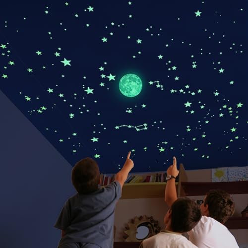 EXAKTER STERNENHIMMEL MIT LEUCHTSTERNE Kinderzimmer. DEKORIEREN und ERKLÄREN mit Karten und VIDEO. 2 m² schablone. Realistischer mond fluoreszierender, Miniposter Planeten/Sterne. Alcrea® Exklusiv.