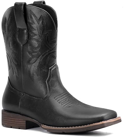 Lumeheel Cowboy Boots for Men - Western Square Toe Men's Black Boots with Classic Embroidered, Slip on Chunky Heel for Spring Fall 10M