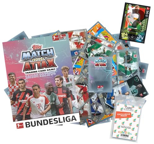 Bundle mit Topps Match Attax Bundesliga - 2023/24-1 Sammelmappe + 100 Verschiedene, zufällige Karten + Exklusive Collect-it Hüllen