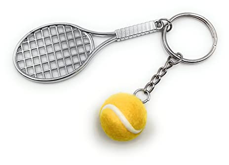 Onwomania Tennisschläger Tennis Ball Schlüsselanhänger Metall Glücksbringer in Alu Geschenkbox, ideal zum Verschenken