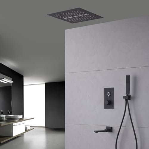 XJTNLB Duscharmatur Unterputz Schwarz Duschsystem Regendusche 40X40 Wasserfall Duschkopf Set Duschbrause mit Schlauch,Drei Funktionen