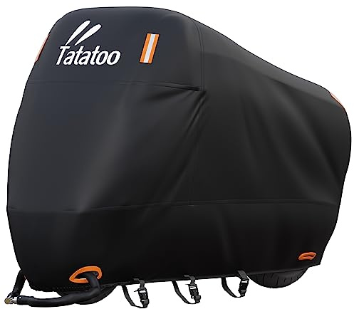 TATATOO Motorcycle Cover Waterproof Outdoor, 300D Heavy Duty, UV & Rain Resistant, 3 Wind-Resistant Buckles, Dual Lock Holes, Includes Storage Bag, Fits Most Motorcycles/Scooters up to 86.6,Black