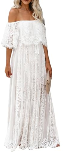 Cercis Womens Off The Shoulder White Floral Lace Maxi Wedding Dress Boho Flowy Brides Bridesmaid Wedding Guest Formal Long Dress