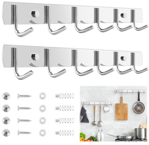 UNINGYI 2 Stück Hakenleiste Küche, Garderobenhaken mit 6 Haken, Kleiderhaken Edelstahl, Hakenleiste Küche 32cm Garderobenleiste, Kleiderhaken Wand Für Küche, Badezimmer, Wohnzimmer Und Flur