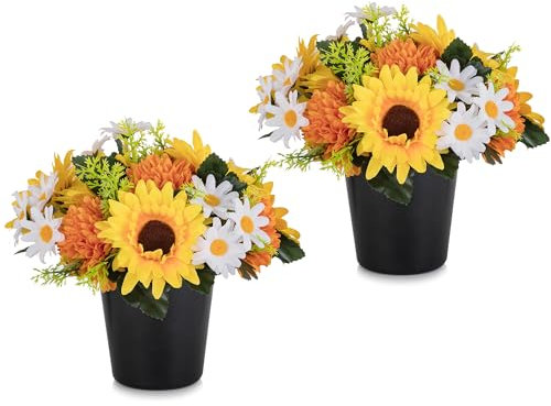Memobloom Artificial Grave Flower Pots: 2 Pcs Graves Autumn Flowers Artificial Cemetery Sunflower for Outdoor Decoration - Yellow Orange Fake Funeral Memorial Bouquet in Pot for Fall Graveside