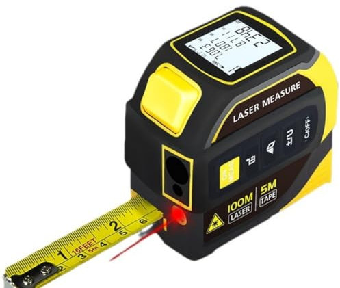 Mètre à Ruban numérique Laser avec Niveau 4 en 1, Distance Laser, Ruban Ordinaire, Volume de Surface, Mode pythagoricien, réticule Laser, Ruban à mesurer numérique Rechargeable (Jaune, 100M)