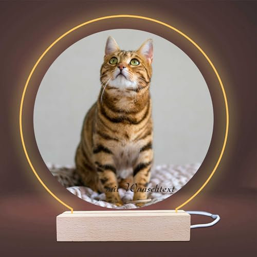 INDIGOS UG - LED Lampe personalisiert - Katze - rund - personalisierte Lampe - mit Foto & Wunschtext - Geschenk - Acrylglas 14x14 cm - optionale Lampe warmweiss