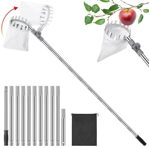 4.2M Apple Picker with Telescopic Handle, Fruit Picker Tool with Basket, Adjustable Head, Lightweight Apple Tree Picker Tool, Easy to Assemble, Aluminium Pole & Fabric Bag for Easy Harvesting