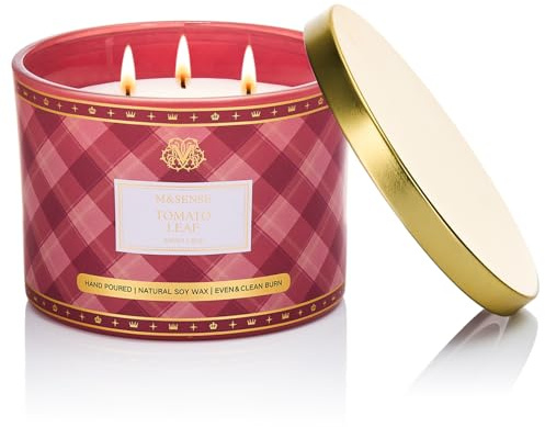 M&SENSE 330g Luxury Candela alla Soia Profumata Foglia Di Pomodoro|3 Stoppini in Cotone 65H, Aromaterapia Non Tossica, Barattolo Vetro Rigato Vintage, Regalo Donna Compleanno/Mamma Gift