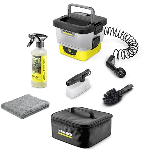 Kärcher Nettoyant extérieur mobile OC 4 + kit vélo, débit : 2 l/min, poids : 3,1 kg, réservoir d'eau : 8 l, batterie lithium-ion, tuyau spirale, filtre pour appareil, brosse universelle, multi jet 4