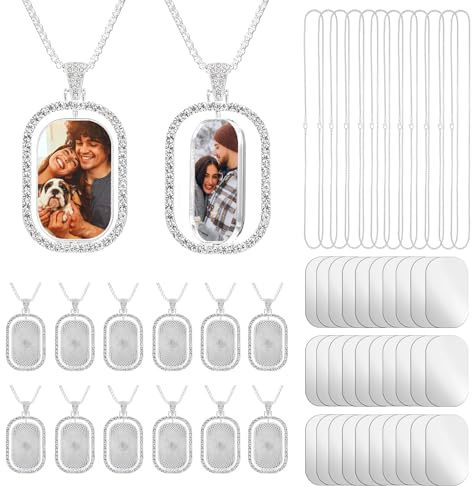 JOUTYFOR 48 Pcs Sublimation Rhinestone Trays Pendant Set, Including 12 Double Sided Blank Rhinestone Bezel Trays, 12 Pcs Thick Chains with 24 Sublimation Discs for Making (Silver)