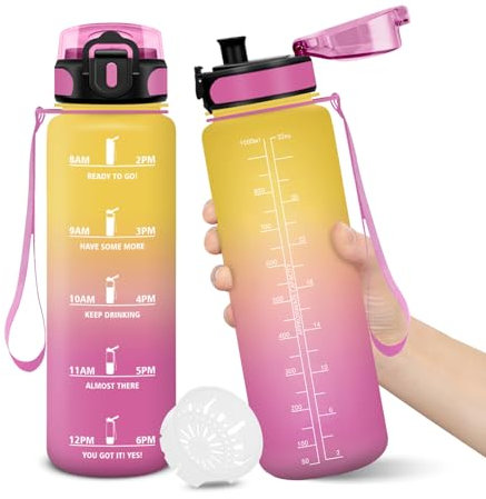 Borraccia, 1000ML Senza BPA, Borraccia Bambini, Design della serratura a prova di perdite, Borraccia Motivazionale, Con marca temporale, Bottiglia Acqua per Yoga, Sport, Scalare Montagne - Giallo Rosa