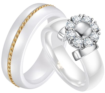 AMDXD Bague en Céramique 6MM, Corde Torsadée Fleurs, Bagues de Mariage pour Dames et Messieurs, Bagues de Couple, Bagues de Fiançailles, Bague avec Zircone Blanc, Cadeau pour Épouse