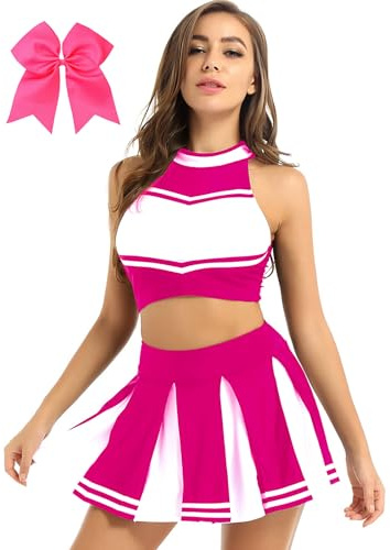 Lpdshaa Costume De Cheer Leader Femme Sans Manches Haut À Rayons Débardeur Taille Haute Jupe Plissée Ligne A Avec Noeud Bandeau Tenue De Cosplay Rose vif XXL