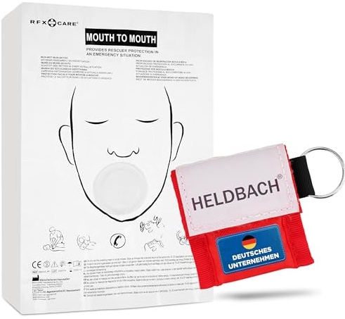 Heldbach® Beatmungsmaske Erste Hilfe Schlüsselanhänger – 20 Stück CPR Beatmungstuch mit Einweg-Ventil & Ohrschlaufen – Rot, latexfrei, einweg – Mund-zu-Mund Beatmung Schutz für Notfälle & Training