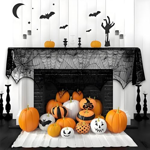 Halloween Spiderweb Decorations - 18inch × 96inch Halloween Mantel Scarf - Black Lace Spiderweb Mantle Scarf for Halloween Home Party Supplies - Halloween Party Decorations
