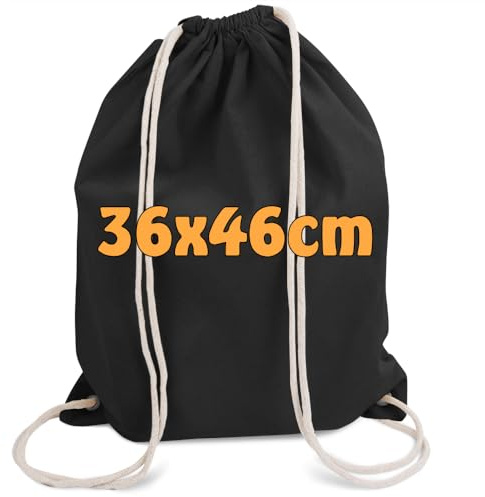 Cottonbagjoe Turnbeutel (10-150 Stk.) Baumwolle 36x46 cm – Naturfarben, Sportbeutel mit Kordelzug, Rucksack für Schule, Freizeit, Sport, Reisen, ca. 12 Liter Volumen (25, Schwarz)