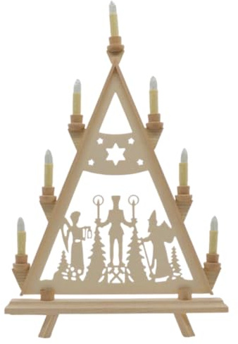 Erzwelt - Lichterbogen DBR37 – Holz Schwedenleuchter – Schwibbogen mit 7 Kerzen – Original Erzgebirge Lichterspitze – Weihnachtsdeko – Weihnachtsmann, Engel & Bergmann – 58 x 37 x 5 cm