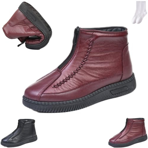 GAGFDA Bottines d'hiver imperméables à fermeture éclair orthopédiques en cuir pour femme, doublées de fourrure, antidérapantes, confortables, chaudes, fermeture éclair sur le devant, chaussures de