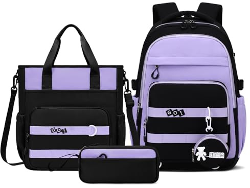 Amythe Zaino Scolastico per Ragazze 10-18 Anni 3 Pezzi - Set Scuola Medio con Zaino, Borsa e Astuccio - Zaini per Ragazze Scuola Media Grande Impermeabile per Porta PC 15 -Viola