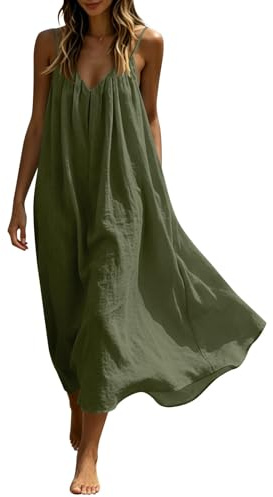 Maxi Dresses Womens Cotton Linen Casual Oversized Tunic Dress Sleeveless Spaghetti Strap Vest Dresses Solid Color A-line Sundress Baggy Beach Long Dress Summer Plain Sundress