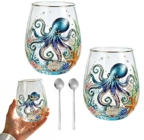 Genérico Cristalería artesanal con diseño de pulpo azul anillado, vaso de bar con forma de pulpo marino y cuchara, vaso de bar artesanal con diseño de animal marino para amantes del océano. (A4)