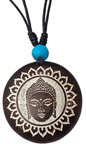 Chic-Net® Holzkette rund verstellbar Baumwolle Om Buddha Maske golden silbern Natur Silber Gold bemalt Unisex Damen Herren Frauen Männer Anhänger Kette Halskette Hals Schmuck Türkis Stein Blume Sonne
