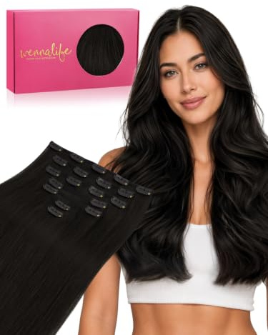 WENNALIFE Clip in Extensions Echthaar, 40cm 16 Zoll 120g 7pcs Natürliches Schwarz Hair Extensions Clip in Echthaar Remy Clip in Haarverlängerung Natürliche Echthaar Extensions