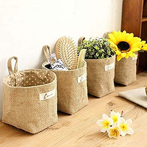 Hanging Small Storage Baskets 4pcs Cotton Linen Storage Bag with Handle | Foldable Organizer Box Bins Small Wicker Baskets for Storing Makeups, Cosmetics, Keys, Tools, Toys