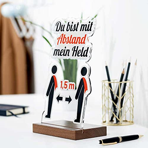 Corona Hinweisschild - Deko Aufsteller Abstandsregeln - Du bist mit Abstand mein Held (Weiß, Holz)