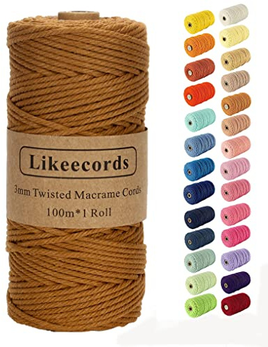 Likeecords Makramee-Schnur, 3 mm x 110 Yards, farbiges Makramee-Seil, Baumwollseil, Makramee-Garn, Bunte Baumwollschnur, zum Aufhängen von Pflanzen, zum Basteln, Stricken (Braun)