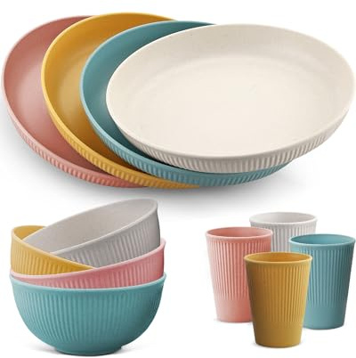 Juego de Vajilla HOMGEN 12PCS Cubiertos de Acampada, Cubiertos de Cocina de Plástico, Reutilizado Vajilla Irrompible Apto para Lavavajillas Ideal para Picnic, Fiesta, Barbacoa, Regalo, Camping, etc