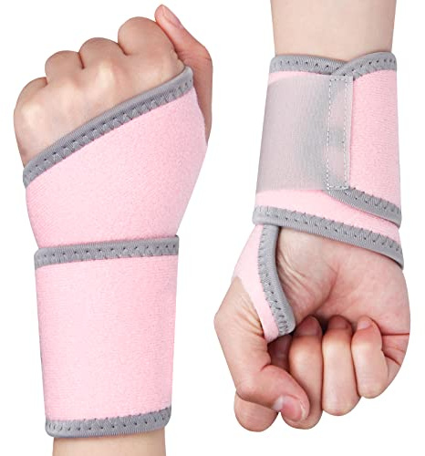 Wrist Support Compression for Women and Men Adjustable Wrist Brace for Right and Left Hand 2 Pack Elastic Carpal Tunnel Support for Tendinitis, Arthritis,Badminton, Basketball, Sports (Pink Grey )