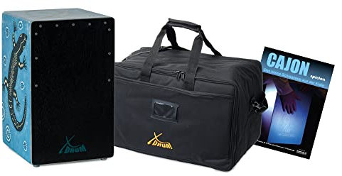 XDrum Design Series Cajon “Gecko” - Handbemalte Designer-Cajon mit Dot Art-Geckos - Integrierter Bass Port - Korpus aus HPL - Snare-Effekt - inkl. Tasche und Cajon-Schule