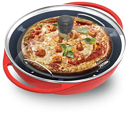Hawkins Diecast 30 cm antiaderente Pizza Maker e Cake Baker con coperchio in vetro, forno a gas, forno per pizza tostapane Griller Tandoor Barbecue, Teglia per torte, Rosso (PIZZA)